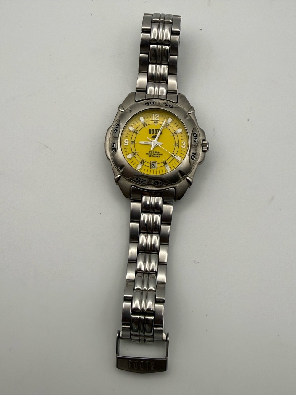 Vtg Women's Roots Trans Canada Watch Metal Strap Band Yellow Face Fully Working